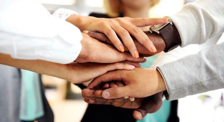 Group of diverse professionals stacking hands in teamwork.