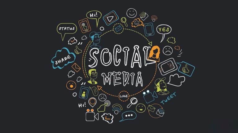 Illustration of social media icons and communication symbols for The GDC Group.